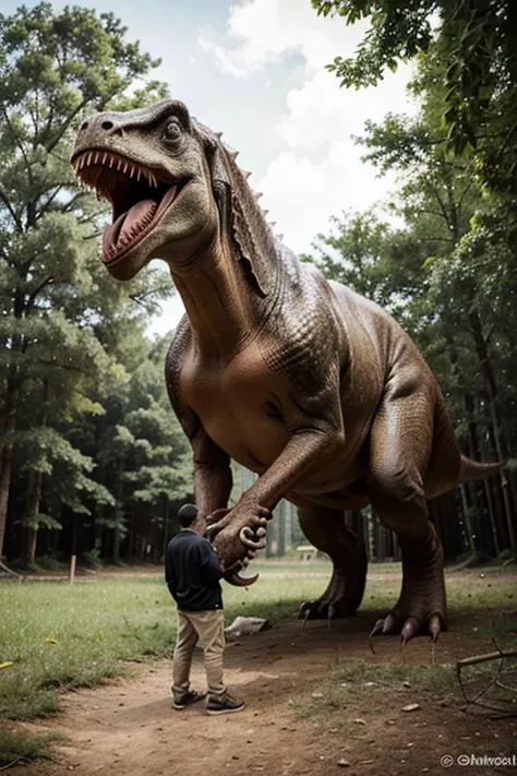 a man next to a giant realistic 4-legged dinosaur in nature