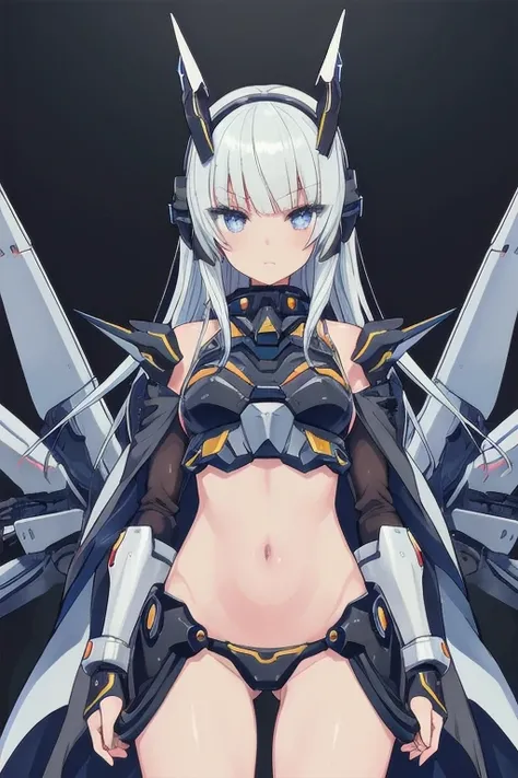 masterpiece, best quality, detailed eyes, black background,
1 anime girl, (cowboy_shot view), thighs,
shiny skin, oily skin, 
[standing straight],
extreme lowleg, very skimpy,
harem attire,
(bulky gown), spiked headgear, 
mecha headgear, mecha gear, sci-fi...