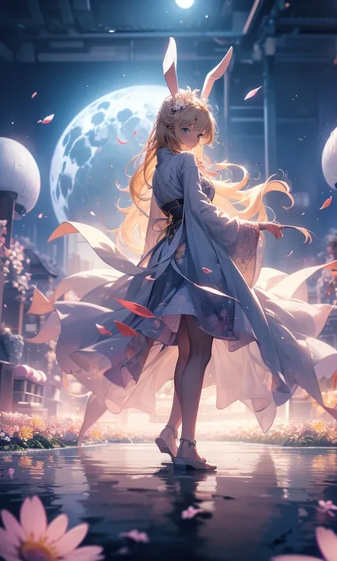 １people々々,Woman with medium length blonde hair，Bunny ears，Long coat，Takageta， Dress Silhouette， Rear View，Space Sky, Flower Field，Colorful flowers，Dancing Petals，full moon，shrine，