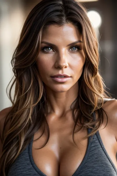 Natural photography of Charisma Carpenter, 25 years old, wearing fitness clothes, leaning over, wavy hair, normal bust, showing bust, locks eyes into the camera, symmetrical eyes, symmetrical face, photorealistic, photography, path tracing, specular lighti...