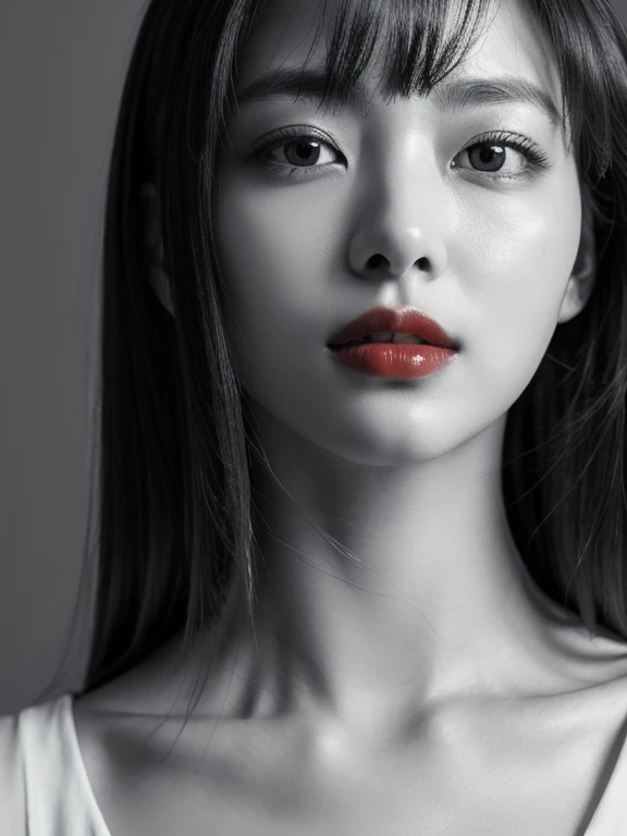 Masterpiece, Best Quality, Photorealsitic, Ultra-detailed, finely detail, high resolution, 8k wallpaper, Professional, high level of detail, ((monochrome photo)), 1girl in, ((Facing the front)), ((Only lips are in Red)), Detailed clavicle, face perfect, fi...