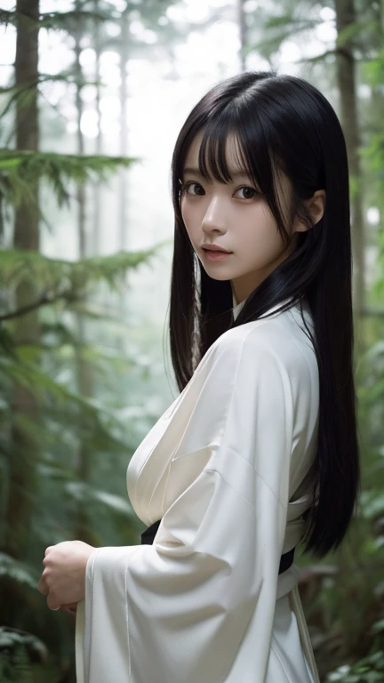 Beautiful Japanese woman in a white kimono,White skin, Beautiful Face,Skinny body,  nightの青木ヶ原樹海を歩く, long, flowing black hair, Beautiful Eyes, Mysterious Forest, Horror photorealism style, night, There is no way, There&#39;The earth beneath my feet, Horror...