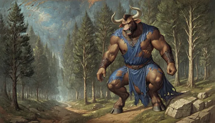 score_9, score_8_up, score_7_up, male anthro bull minotaur, forest, night, muscular, detailed, newest, feet, pain face, gritted teeth, renaissance painting, torn clothes, 