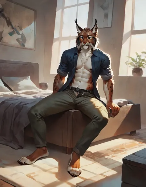 male anthro lynx, concept art style, feet, unbuttoned pants, bedroom, sitting, dark nipples, lean body build, (2023:1), (best_quality:1), (high_quality:1), (absurd_res:1), (hi_res:1), (detailed:1),