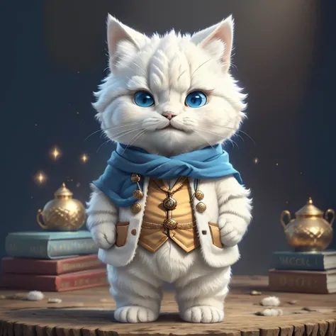 highest quality,Very detailed,Realistic,(photoRealistic:1.2),Anthropomorphic performance、Shaggy white cat,Adorable,soft,fuzzy,Playful,Expressive blue eyes,small, Rounded body,Small feet、Warm lighting,Are standing、suit、
