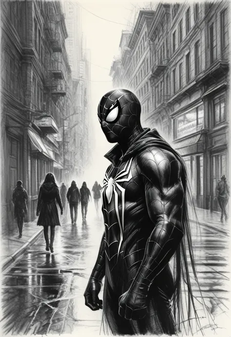 charcoal drawing, crayons, black pencil drawing, pencil drawing, black and white drawing, graphite drawing, venom spider-man on ...