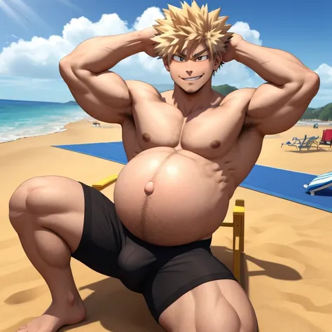 masterpiece, 3d, Bakugo Katsuki, muscled, chilling at the beach, no shirt, big pregnant, belly, hands on back of head, only wearing a black underwear with a orange line on the top and bomb symbols on the underwear, light smile
