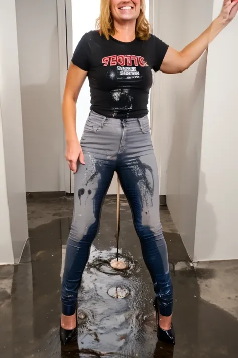 tall blonde woman, gray skinny jeans, high heels, t-shirt, big smile, standing in an office, show heels, pee stains on legs of jeans, pee stains on hips of jeans, (((full view))), full body view, wetting self, standing in puddle of pee