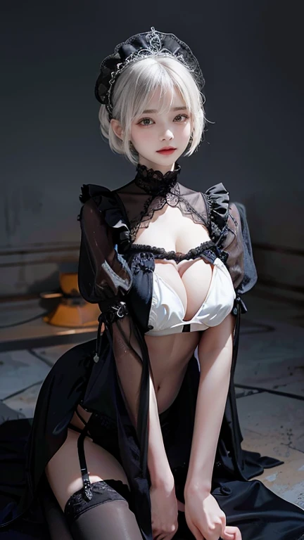 Please draw a super beautiful girl with short white bob hair wearing a flattering gothic lolita bikinis。She exudes an elegant and dark vibe. (((flattering bikinis))), Her white hair is tied up in a neat short bob.、It highlights her individuality and sophis...