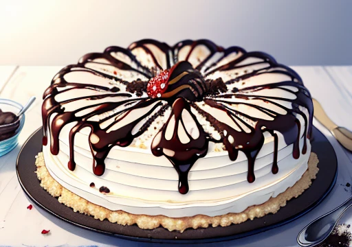 (a delicious and tempting chocolate and cookie cake,yummy frosting,crunchy cookie crumbs,chocolate drizzle,sweet and creamy ice cream on top),(best quality,highres),vibrant colors,luscious texture,luxurious presentation,(bakery-style,professional),(mouth-w...