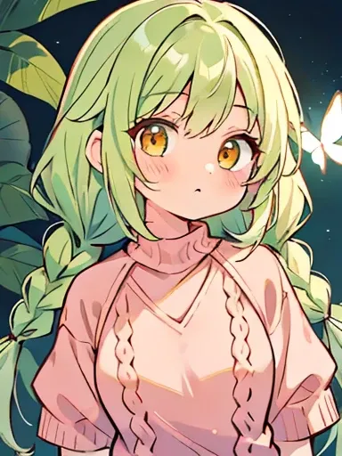 {{best quality}}, {{masterpiece}}, {{ultra-detailed}}, {illustration}, {detailed light}, Light green hair, orange eyes, girl, , butterfly, sweater, short sleeves, pink sweater,Twinbraids,,cute, Kawaii