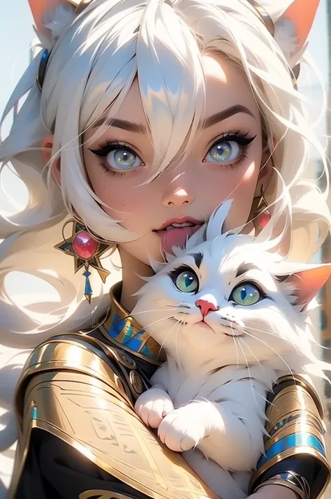 a close up of a person holding a cat, belle delphine, she has claros eyes, labios vermelhos, egypt makeup, beauty filter, white beautiful hair, xqcow, two beautiful women in love, see, white fur, lumiol, biological photo, gnome, neodada, transgender, persi...