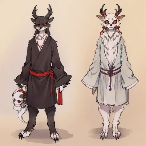 Fursona skull Ghost furry, wendigo, cute, full body reference sheet, semi realistic