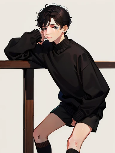 1boy, short black hair, pout, nose piercing, freckles, cute boy, brown knitted sweater, sleeves past wrists, black shorts, white socks, black boots