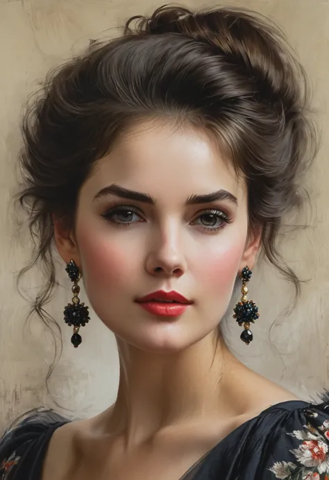 close-up, half body of a beautiful woman, dark tousled hair pinned up in a vintage dress, large earrings, oil on linen, oil on c...