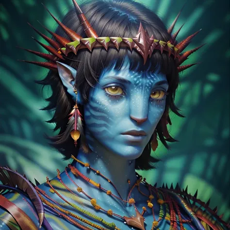 avatar style, (face portrait:1.6), naavi, 1girl, female, yellow eyes, ((big detailed alien eyes:1)), ((eyebrowless)), ((pointy e...