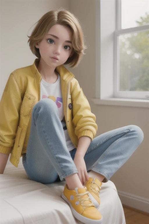 riley wearing jeans sneakers yellow jacket sitting on the edge of the bed colorful luxurious bedroom bright morning sunlight shi...