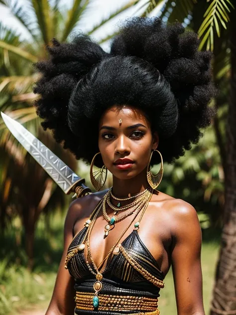 black woman warrior of wakanga with ancestral sacred spear ((cheveux afro)) ((boucles oreilles or et bijoux))