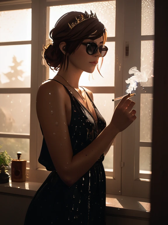 model photo of Maxine Caulfield from Life Is Strange smoking a glowing cigarette in a dark room while looking out a window, (silhouette:1.2), standing in a dark motel room, wearing a crown of thorns, wearing a puffy black dress, wearing a Versace Square Su...