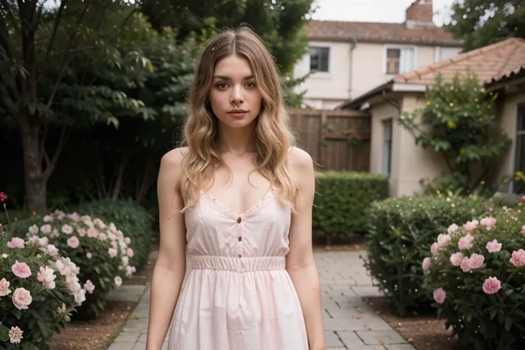 8k, RAW photo, Fujifilm, style photo of a beautiful woman, 32yo, as avril in a garden of light pink roses (highly detailed skin: 1.2) Style-Petal BREAK short hair, blonde hair with colored locks, wearing a dress, film granulation, 35mm, cute style