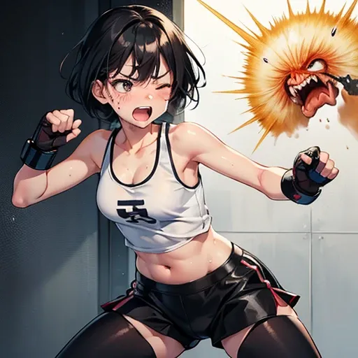 Cute Japanese high school girl with short cut, dark hair, drenched in sweat. Mixed martial arts gym. One eye tightly closed, fired up, screaming, punching a sandbag as hard as she can. Out of breath, tank top, leggings, open finger gloves. Small breasts, p...