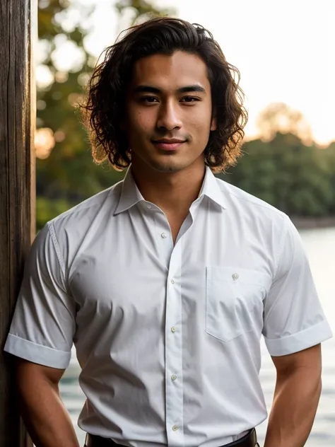 High-resolution photo of a man with an intriguing mix of Asian and European ethnic features, Boasting a medium olive skin tone and a handsome, highly detailed face, his hazel eyes shimmered with allure, framed by a button nose and thick, dark brown locks t...