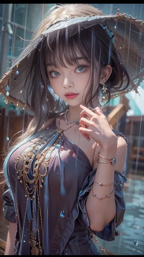 (RAW shooting, Photorealistic:1.5, 8k, highest quality, masterpiece, Ultra-high resolution), night, Expressions of sadness:0.7, (Typhoon heavy rain), Highly detailed skin and facial textures:1.3, Perfect dynamic composition:1.0, A slim high school girl wet...