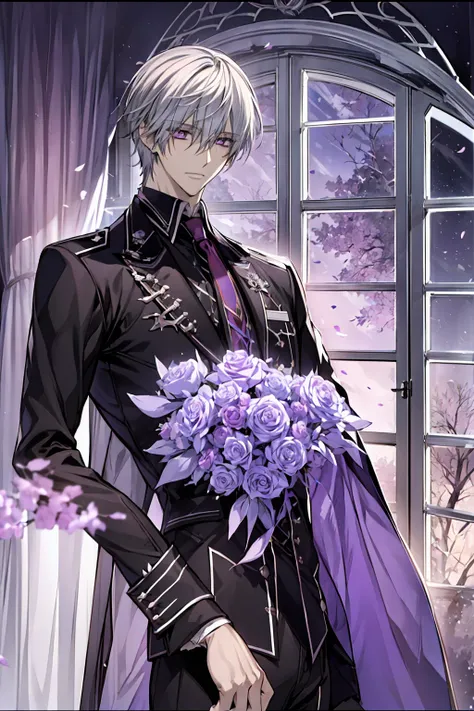 (absurdres, highres, ultra detailed, HDR), masterpiece, best quality, Zero Kiryuu , 1man, solo, handsome, white hair, vibrant purple eyes, finely eye and detailed face, window, purple curtains, purple roses, petals, black uniform, vampire knight