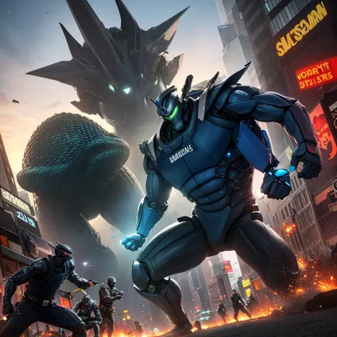 A giant, alien robot rampages through the streets of New York. The robot is depicted with incredible detail, showcasing its massive metal frame and intricate mechanical components. The robots eyes emit a menacing glow, captivating the viewers attention. Th...