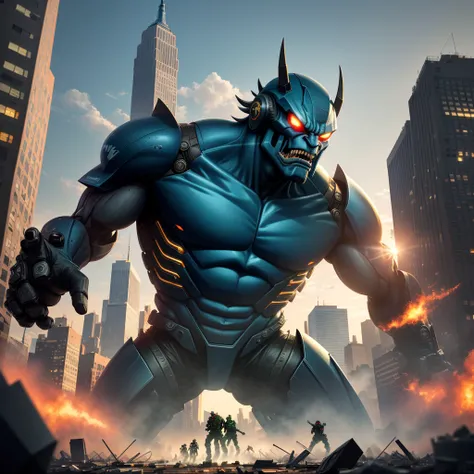 A giant, alien robot rampages through the streets of New York. The robot is depicted with incredible detail, showcasing its massive metal frame and intricate mechanical components. The robots eyes emit a menacing glow, captivating the viewers attention. Th...