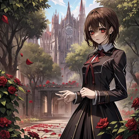 (absurdres, highres, ultra detailed, HDR), masterpiece, best quality, Yuki Cross, 1woman, solo, beautiful, brown hair, vibrant red eyes, finely eye and detailed face, garden, red roses, petals, black uniform, vampire knight