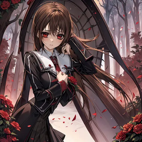 (absurdres, highres, ultra detailed, HDR), masterpiece, best quality, Yuki Cross, 1woman, solo, beautiful, brown hair, vibrant red eyes, finely eye and detailed face, garden, red roses, petals, black uniform, vampire knight