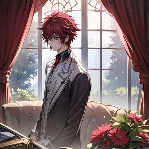 (absurdres, highres, ultra detailed, HDR), masterpiece, best quality, Senri Shiki, 1man, solo, handsome, red hair, vibrant blue eyes, finely eye and detailed face, window, red curtains, white uniform