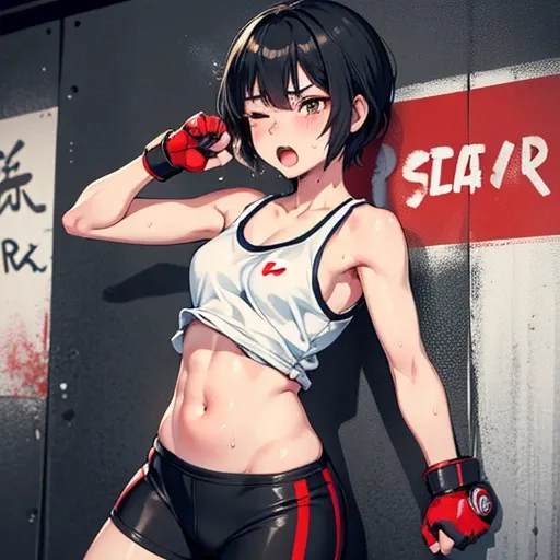 Cute Japanese high school girl with short cut, dark hair, drenched in sweat. Mixed martial arts gym. One eye tightly closed, fired up, screaming, punching the wall as hard as she can. Bloody fists. Out of breath, tank top, leggings, open finger gloves. Sma...