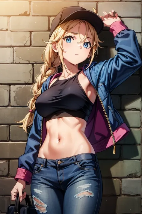 a close up of a beautiful woman posing for a photo against a brick wall, 1girl, solo, hat, blonde hair, pants, navel, crop top, blue eyes, twin braids, denim, breasts, braid, long hair, jacket, looking at viewer, midriff, baseball cap, torn clothes, long s...