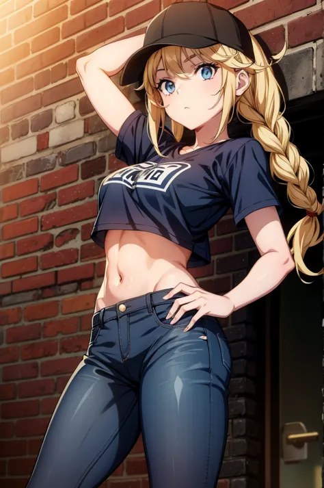 a very sexy anime girl standing against a brick wall with a hat on, 1girl, solo, hat, crop top overhang, baseball cap, crop top,...