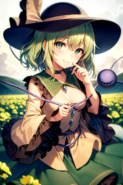 masterpiece, best quality, 1girl, solo, green eyes, komeiji koishi, hat, green hair, flower, blue flower, blue rose, rose, detached sleeves, short hair, bare shoulders, third eye, breasts, bow, smile, petals, dress, from side, medium breasts, looking at vi...