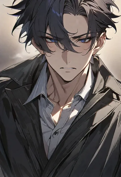 (Masterpiece:0.9), best quality, 1 male, black coat, dark hair, mysterious, straight face, dark blue eyes, gradient background, smokey air, anime