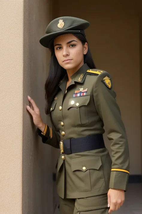 Mujer en uniforme posando para una foto frente a una pared, chica militar, beautiful female soldado, infantry girl, soldado girl, wearing a uniforme militar, wearing uniforme militar, portrait of a female soldado, portrait of soldado girl, militar, Army Un...