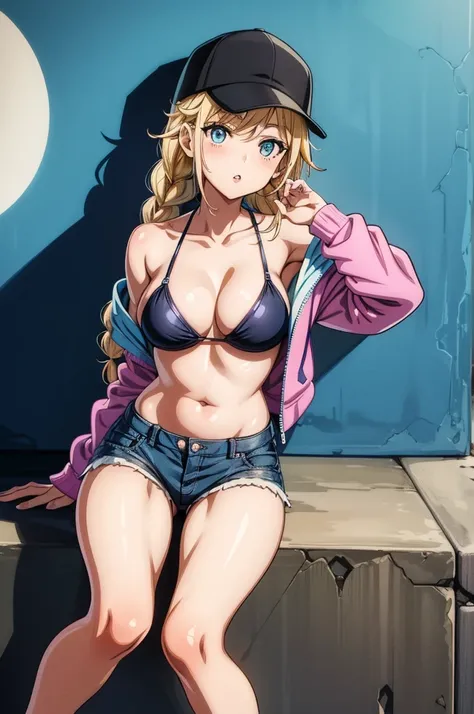 a manga style cartoon character sitting on a ledge with graffiti on it, 1girl, solo, shorts, breasts, graffiti, baseball cap, hat, navel, bikini top only,  swimsuit, bikini, pantyhose, jacket, off shoulder, open jacket, looking at viewer, twin braids, long...