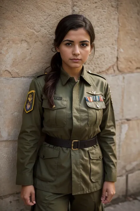 Mujer en uniforme posando para una foto frente a una pared, chica militar, beautiful female soldado, infantry girl, soldado girl, wearing a uniforme militar, wearing uniforme militar, portrait of a female soldado, portrait of soldado girl, militar, Army Un...