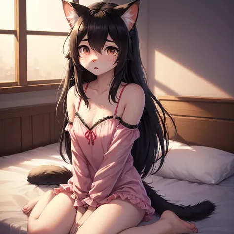 Cute 25 year old woman, Japanese, black hair, (very messy hair:1.2), (feral cat:1.3), (fur covered:1.2), (cat nose:1.2), fluffy fur, fluffy tail, freckles, thick eyebrows, long lashes, short, (flat chest:1.2), small waist, (wearing cute nightwear:1.2), big...