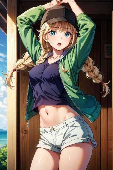 a girl in a green cap standing in between chairs looking at the camera, 1girl, breasts, shorts, solo, navel, blue eyes, long hair, braid, indoors, baseball cap, jacket, hat, classroom, open clothes, twin braids, looking at viewer, green jacket, short short...