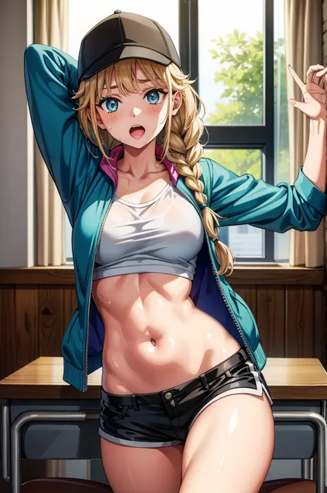 a girl in a green cap standing in between chairs looking at the camera, 1girl, breasts, shorts, solo, navel, blue eyes, long hair, braid, indoors, baseball cap, jacket, hat, classroom, open clothes, twin braids, looking at viewer, green jacket, short short...