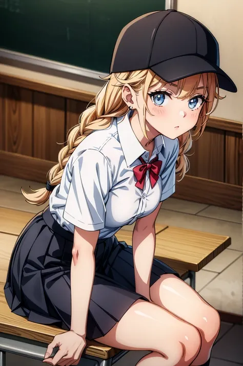 an anime image a woman in a baseball cap sitting in a classroom, 1girl, breasts, solo, underwear, bra, skirt, jewelry, shirt, twin braids, indoors, earrings, hat, looking at viewer, sitting, black bra, braid, pleated skirt, white shirt, desk, blush, long h...