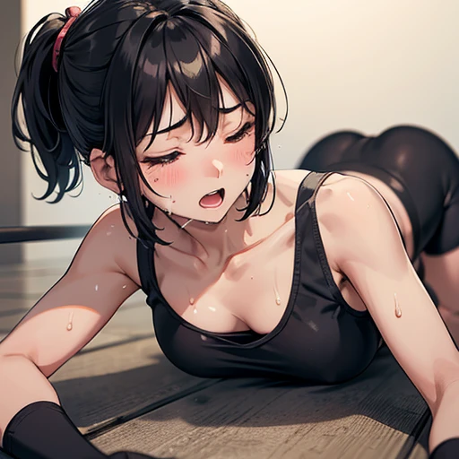 Cute Japanese high school girl with short cut, dark hair, drenched in sweat. Mixed martial arts gym. She is lying face down. She is touching her belly with both hands, both eyes tightly closed, screaming and in agony. Out of breath, tank top, leggings, ope...