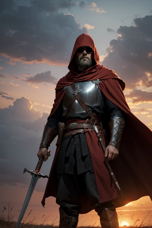 On the medieval battlefield, under a sky tinted with shades of orange and red by the setting sun, a sturdy man stands at the center. His scarlet cloak billows in the wind, framing an imposing figure. Wielding the legendary sword Excalibur, he radiates dete...