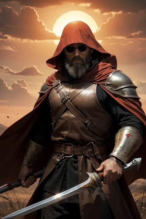 On the medieval battlefield, under a sky tinted with shades of orange and red by the setting sun, a sturdy man stands at the center amidst the chaos of battle. His scarlet cloak billows in the wind, framing an imposing figure. Wielding the legendary sword ...