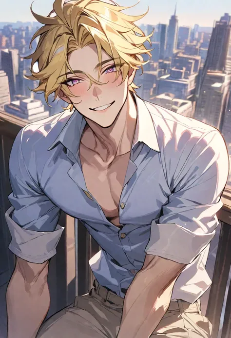 (Masterpiece:0.9), best quality, 1 male, Yellow hair, light pink eyes, smiling, soft boy, handsome, city background, boyfriend material