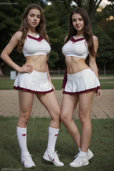 photorealistic high-quality full body photograph of 2 young caucasian girls ((20 years old)), with perfectly fit athletic bodies and nice  soft breasts, in cheerleader uniforms